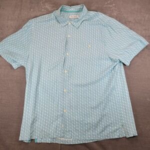 Tommy Bahama Mens XXL Blue White Geometric‎ Print Short Sleeve Button Up Shirt